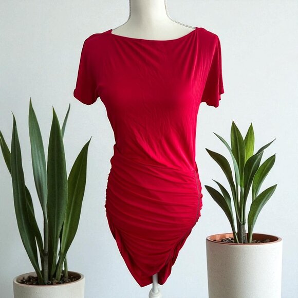 BCBGMAXAZRIA Red Side Zip Ruched Dress Size Small - Picture 1 of 5